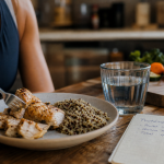 Combien de proteine par jour pour une femme pour maigrir : assiette poulet, quinoa et calcul protéines