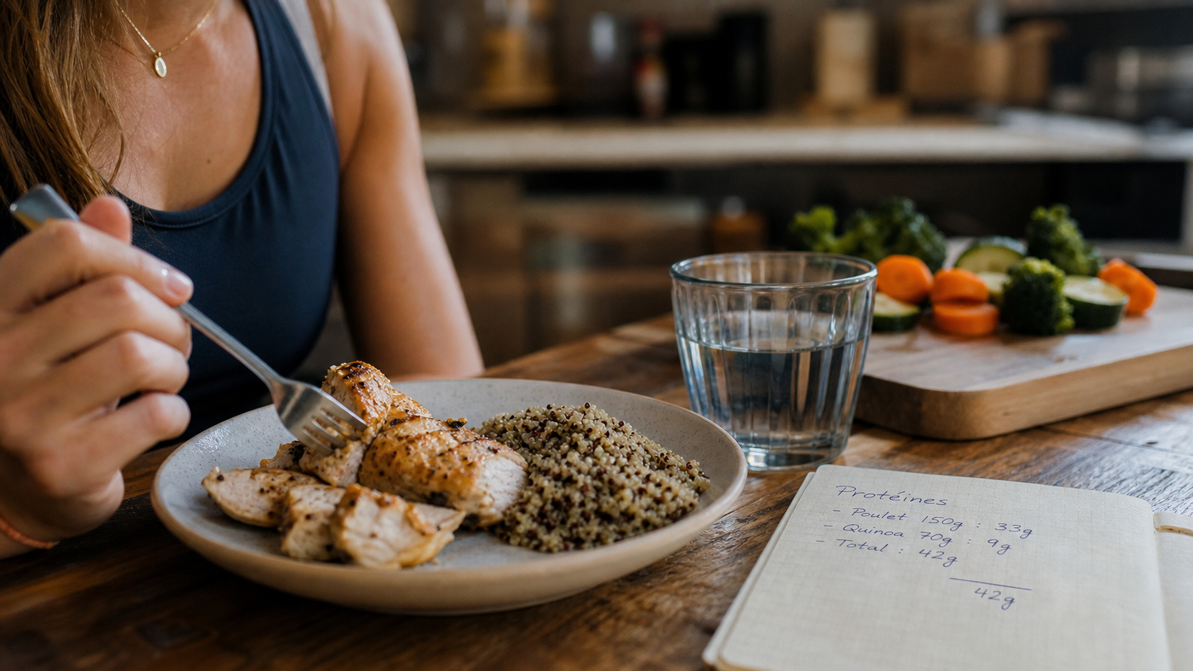 Combien de proteine par jour pour une femme pour maigrir : assiette poulet, quinoa et calcul protéines