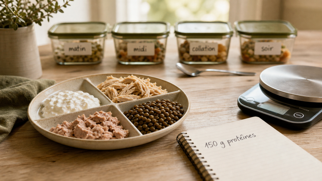 Comment manger 150 g de protéine par jour : assiette 4 prises (skyr, poulet, thon, lentilles)