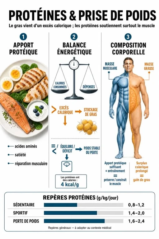 Infographie sur les proteines font elles grossir avec bilan calorique, masse musculaire et repères de consommation