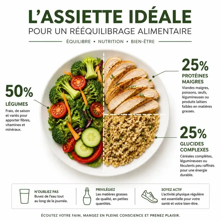 Infographie sur la composition d'une assiette équilibrée pour réussir son rééquilibrage alimentaire