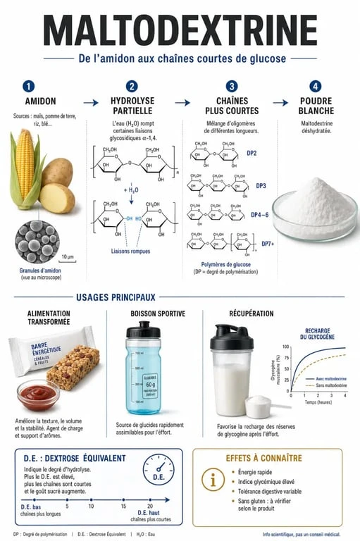 Infographie sur maltodextrine c est quoi, son origine, ses usages et ses effets