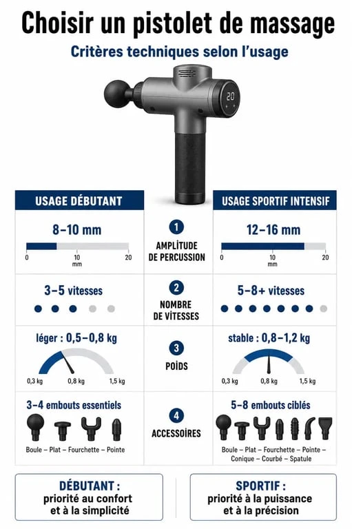 Infographie comparative des critères techniques pour choisir le meilleur pistolet de massage selon son profil sportif