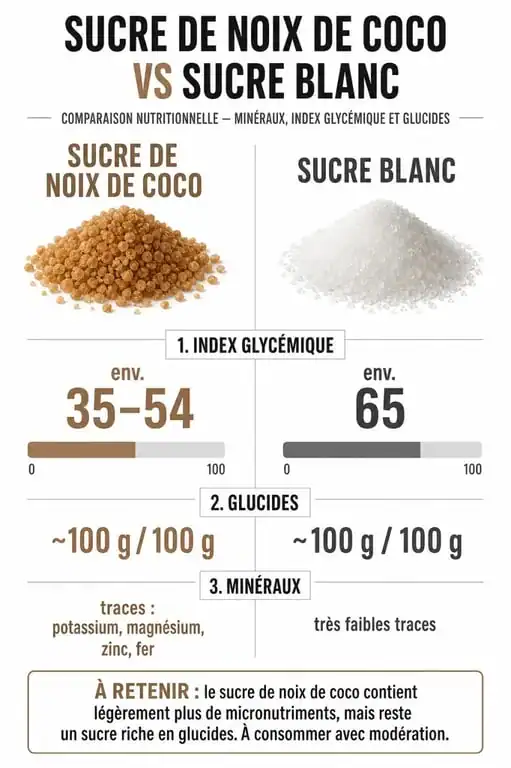 Infographie comparative des bienfaits nutritionnels et de l'index glycémique du sucre de noix de coco par rapport au sucre blanc.
