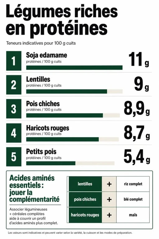 Infographie sur les légumes riches en protéines avec classement des principales légumineuses et leurs teneurs en protéines