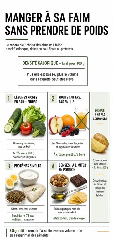 Infographie sur les aliment qui ne font pas grossir avec légumes, fruits entiers, protéines simples et aliments à limiter