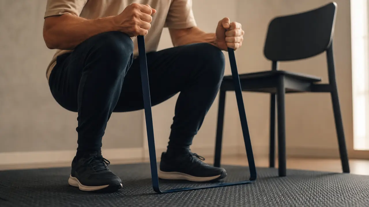 Gym avec un elastique : squat du corps avec bande élastique