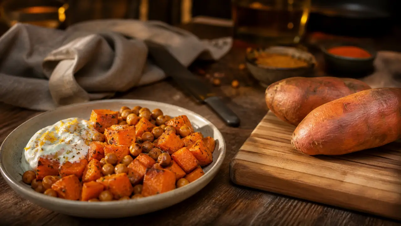 Le bienfait de la patate douce : assiette de patate douce rôtie, fibres et vitamine A