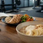 Prise de masse musculaire aliments : bol avoine fromage blanc banane amandes et assiette poulet riz légumes