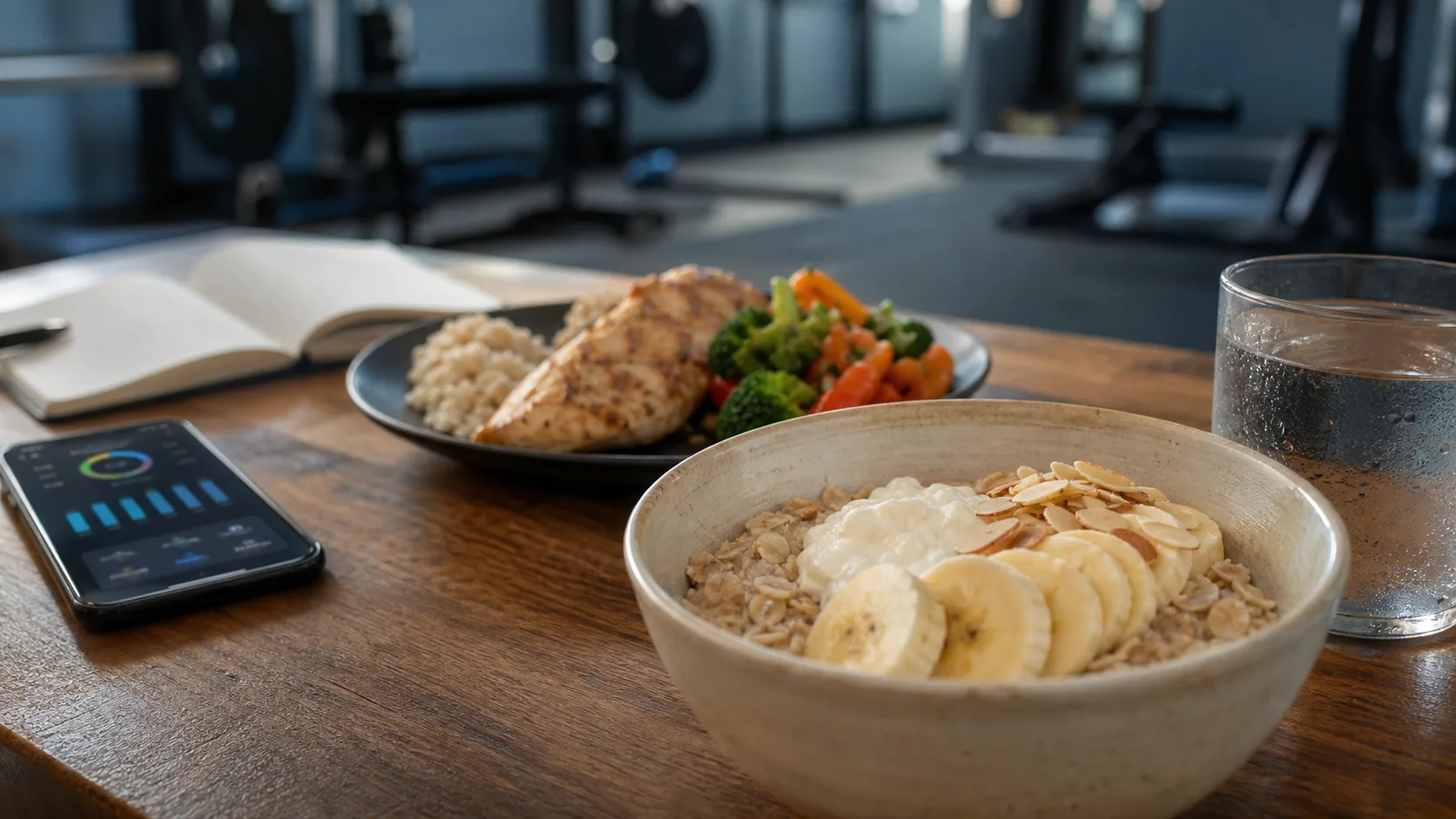 Prise de masse musculaire aliments : bol avoine fromage blanc banane amandes et assiette poulet riz légumes