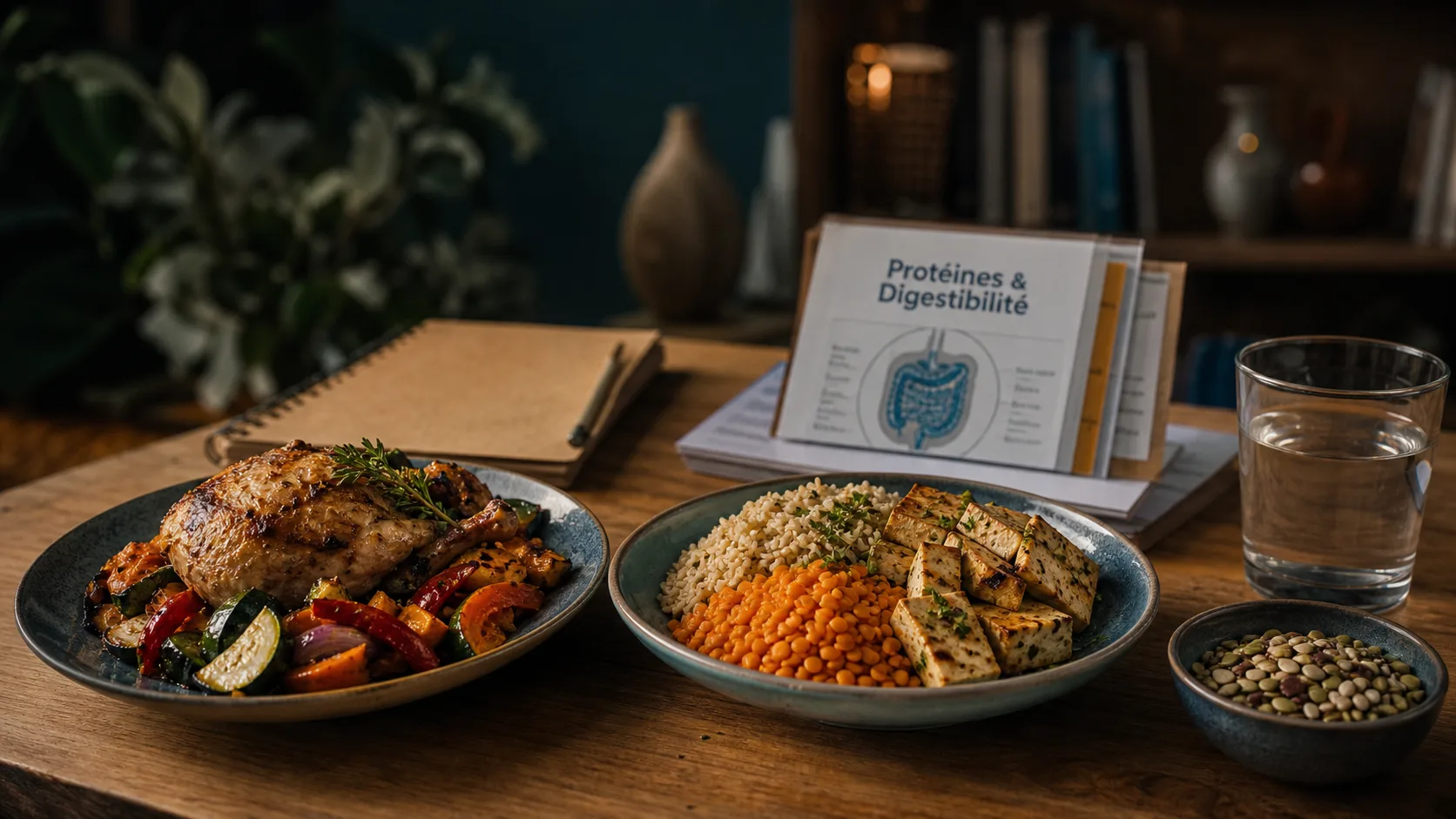 Proteines vegetales ou animales : assiettes poulet et lentilles, digestibilite et acides amines