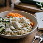 Repas riche en proteine : bol quinoa colin, légumes et sauce yaourt-citron