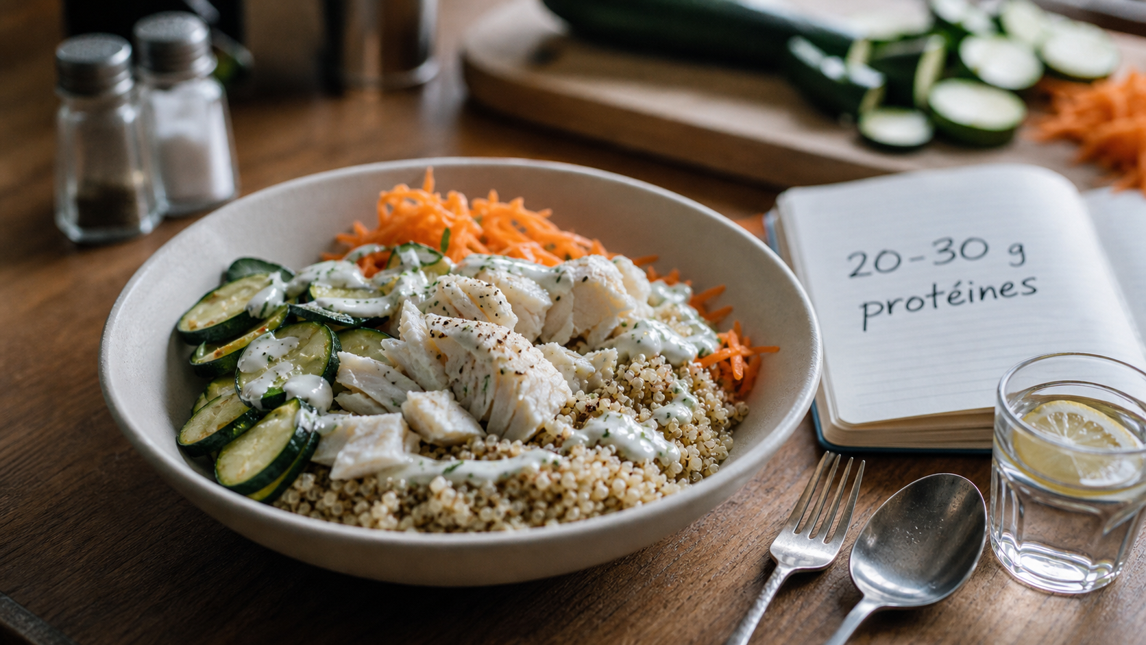 Repas riche en proteine : bol quinoa colin, légumes et sauce yaourt-citron