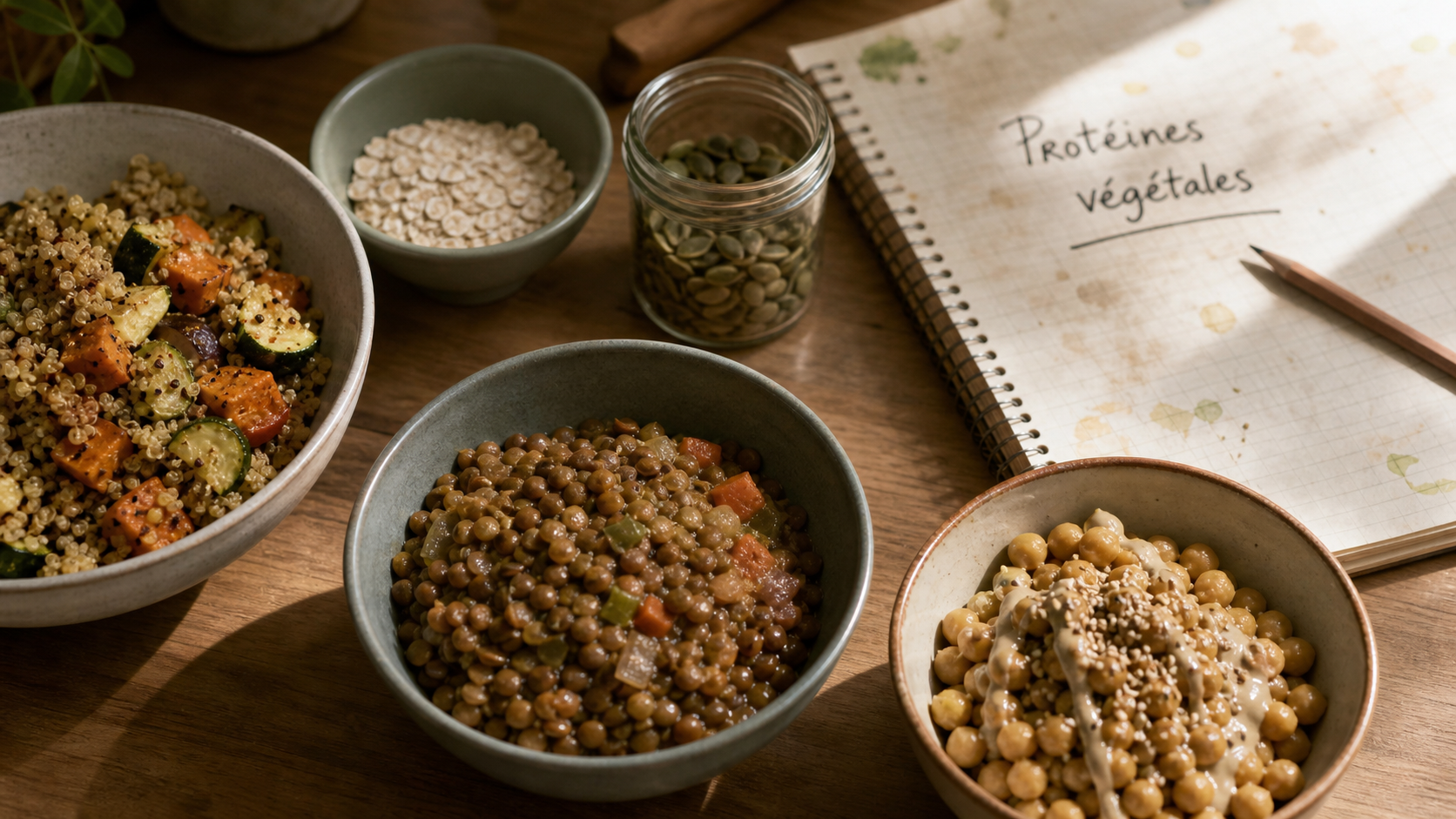 Sources de proteines vegetales : quinoa, lentilles, pois chiches et avoine