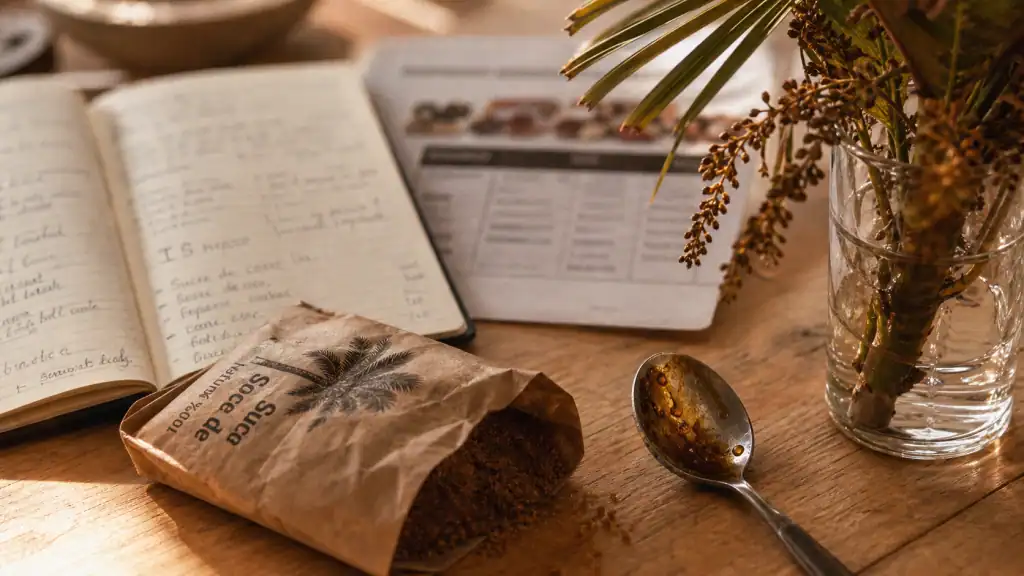Sucre de noix de coco et glycémie, grains bruns sur table en bois