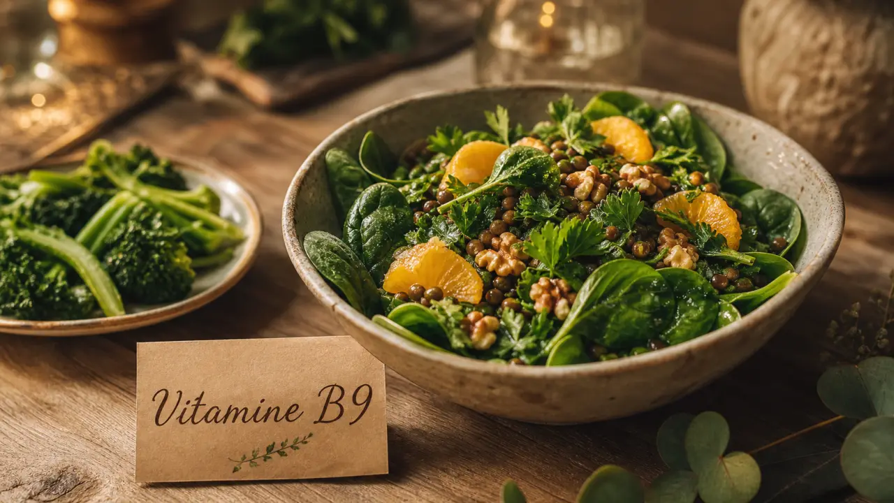Vitamine B9 : a quoi sert la vitamine b9, salade de lentilles et pousses d’épinards
