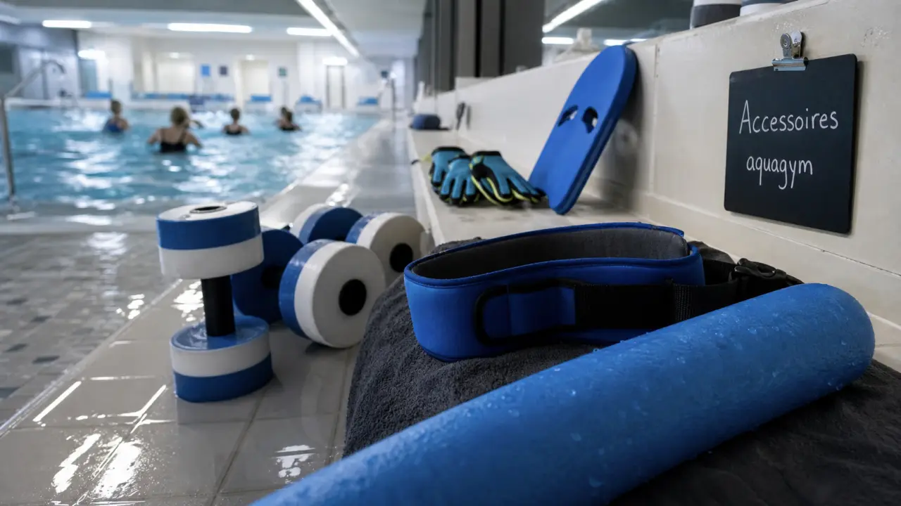 Accessoires aquagym en piscine : frites et ceinture d’aquarunning pour la flottabilité et la résistance