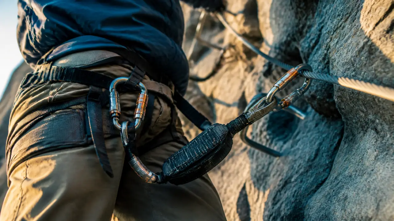 Baudrier via ferrata avec sangles, mousquetons et absorbeur de choc