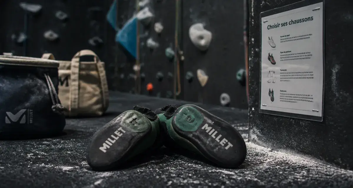 Chaussons escalade millet sur tapis de bloc, semelles tournées vers la caméra.