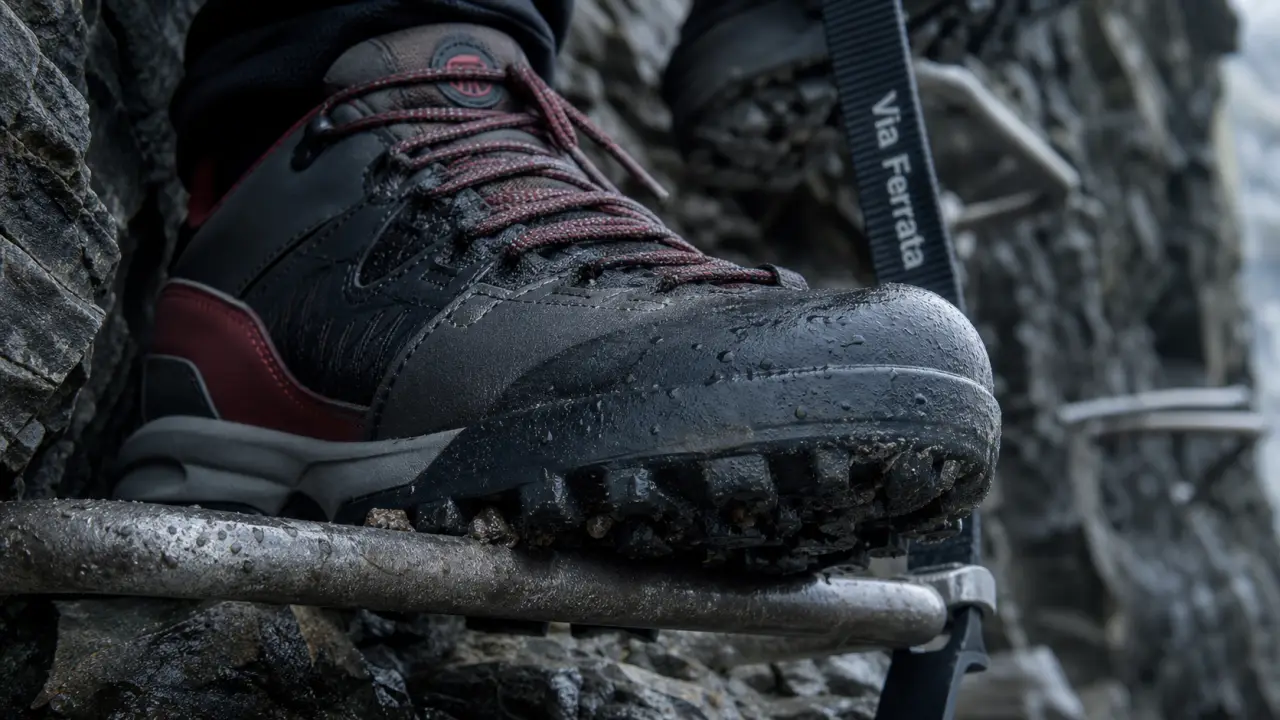 Chaussure via ferrata : semelle rigide sur barreau, grip