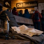 Banc de club randonnée haute savoie : chaussures, sac et carte