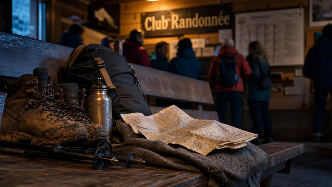 Banc de club randonnée haute savoie : chaussures, sac et carte