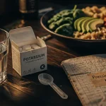 Verre d’eau et compléments alimentaires potassium, carnet pression artérielle normale