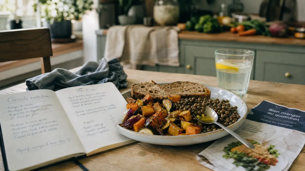 Conseils en nutrition : assiette de légumes et lentilles, produits transformés limités