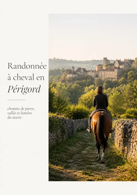 Randonnée équestre périgord sur un chemin boisé avec village médiéval en arrière-plan