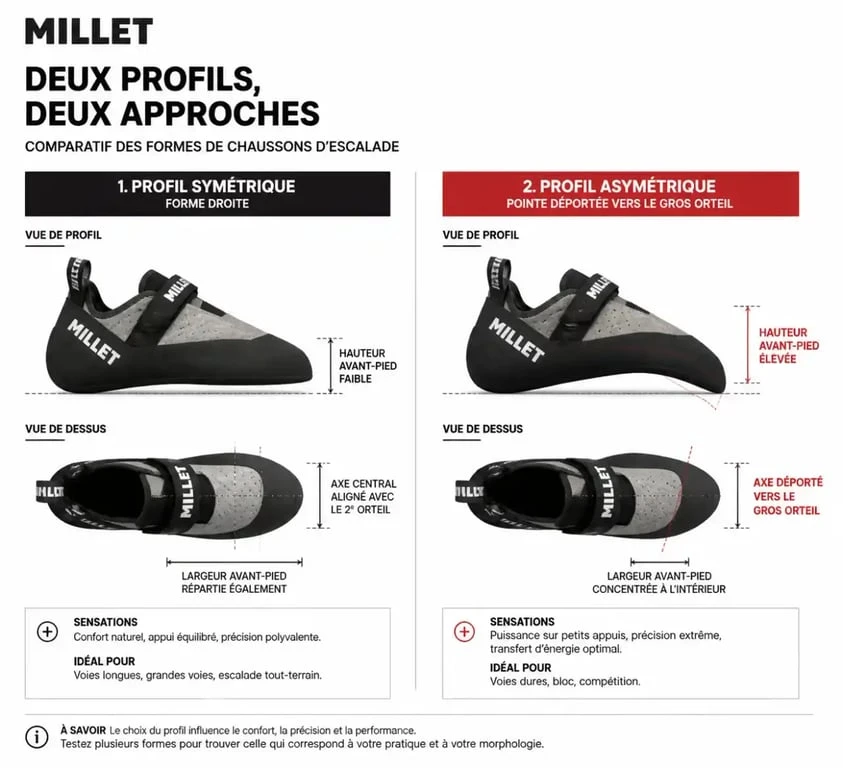 Comparaison technique entre chaussons d'escalade Millet symétriques et asymétriques pour le choix de votre équipement