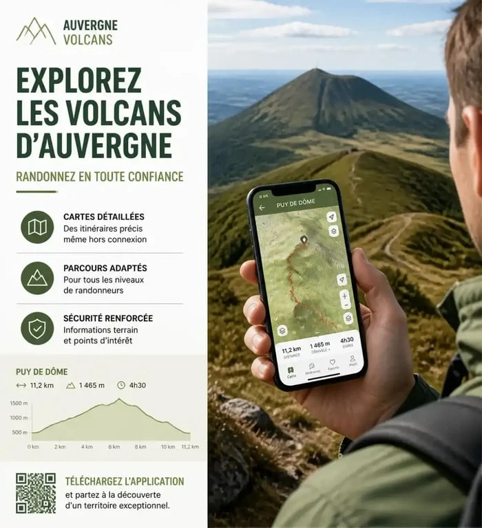 Randonneur utilisant une application de randonnée en Auvergne avec guidage GPS