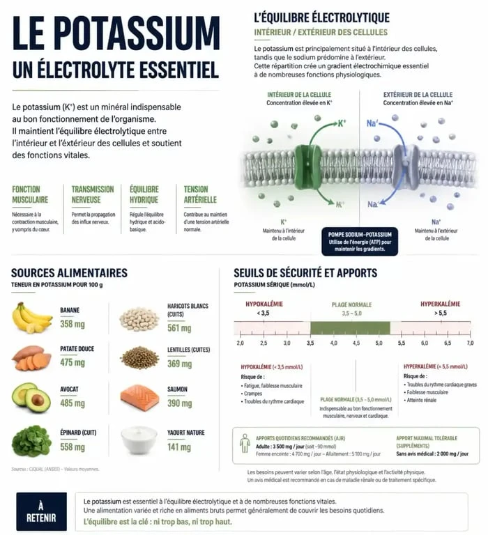 Infographie sur les bienfaits et les précautions des compléments alimentaires potassium pour la santé