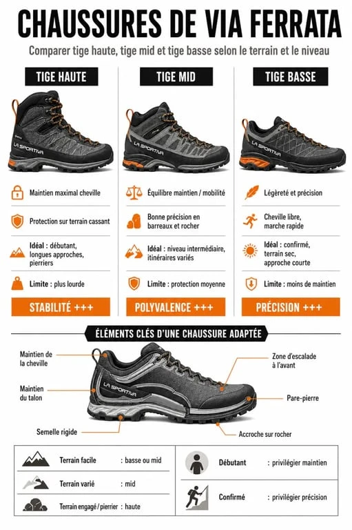 Chaussure via ferrata : infographie comparative des tiges haute, mid et basse et des critères de choix