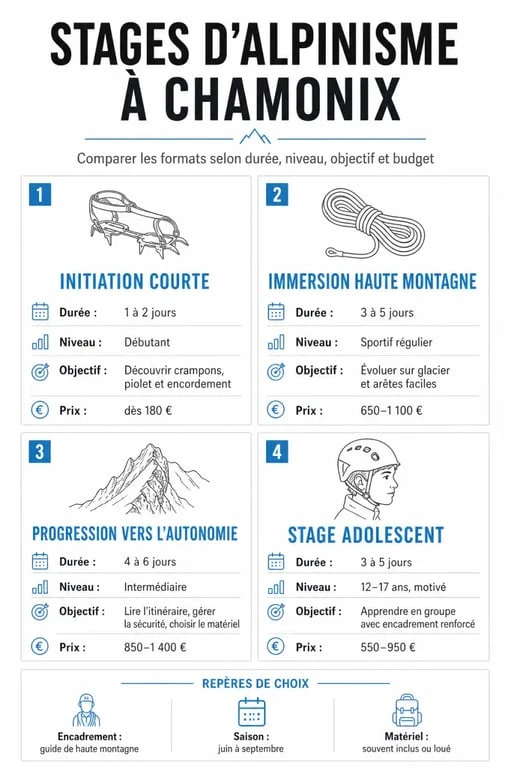 Infographie stage alpinisme chamonix comparant durée, niveau, objectif et prix
