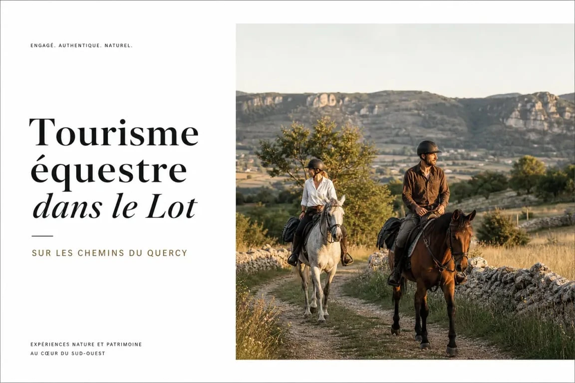 Tourisme equestre lot : cavalier sur un sentier du Lot avec vallées et paysages du Quercy