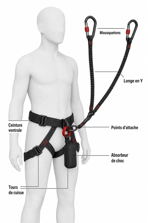 Baudrier via ferrata porté avec longe en Y, mousquetons et absorbeur de choc