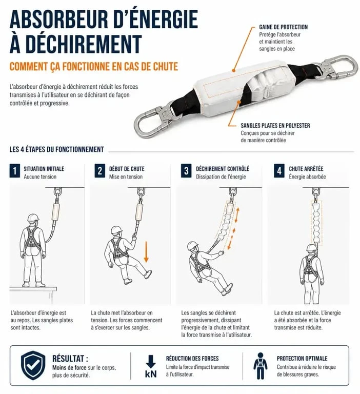 Fonctionnement de l'absorbeur d'énergie en via ferrata