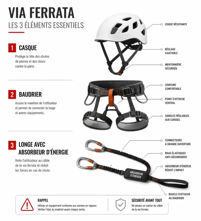 Équipement de base pour la via ferrata : baudrier, casque et longe
