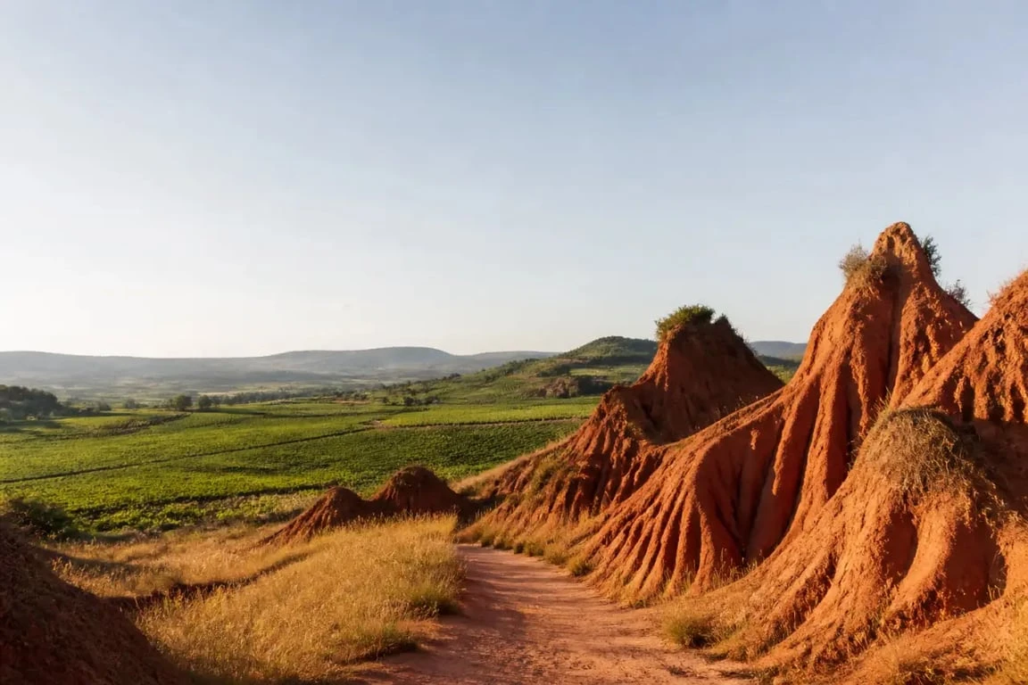 La vallée des saints auvergne randonnée : panorama des terres rouges de Boudes avec sentier et vignes