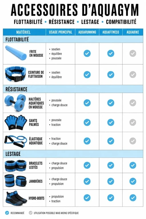 Accessoires aquagym : tableau visuel des différents équipements et de leurs usages