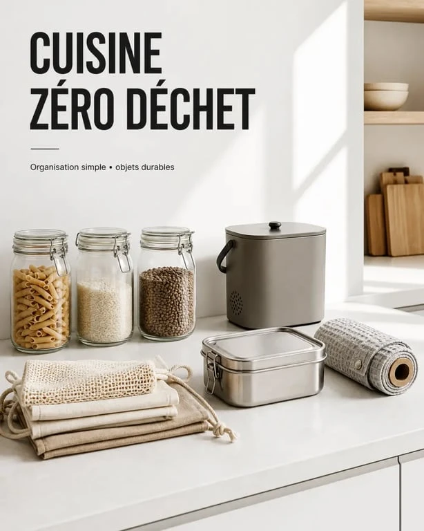 Cuisine zéro déchet dans une cuisine claire avec bocaux en verre, sacs en tissu et composteur discret