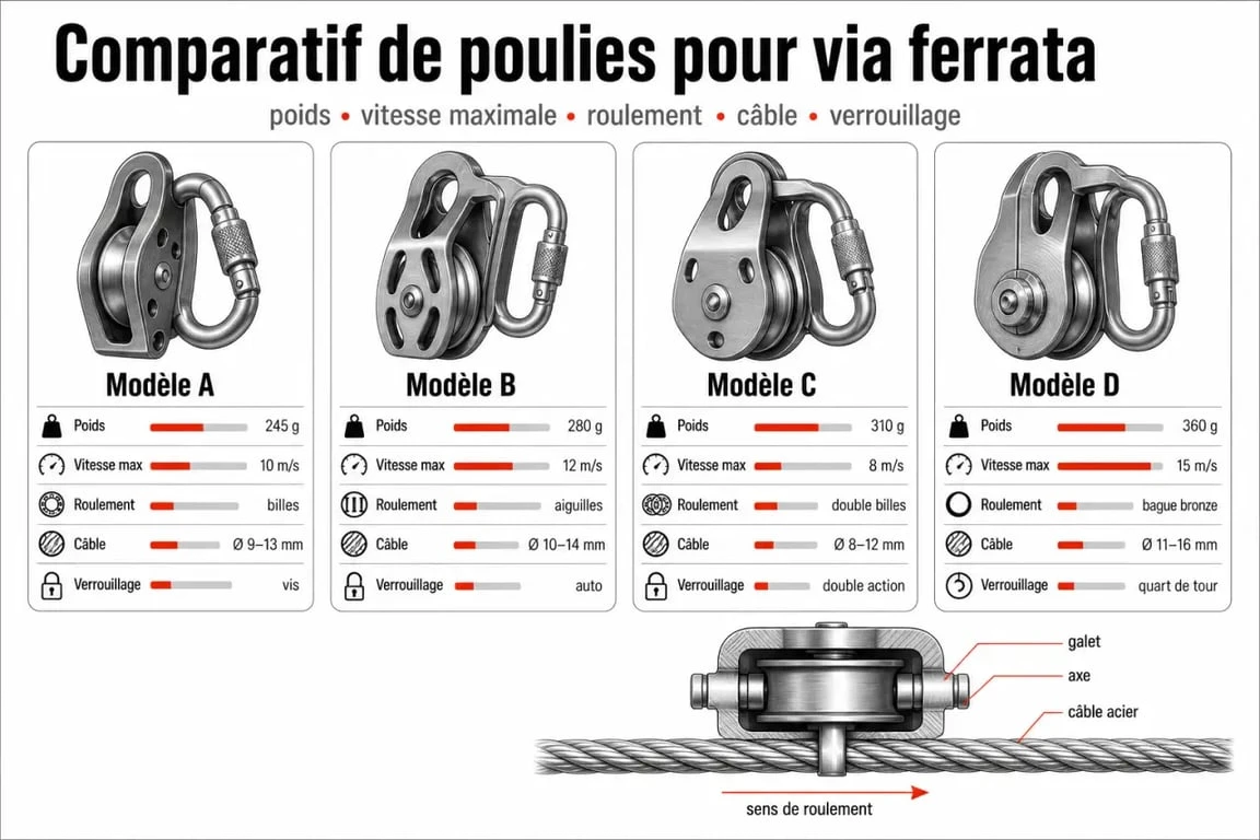 Poulie via ferrata : comparatif des modèles et critères de choix sur câble acier