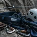 Matériel via ferrata : baudrier EN 958, casque EN 12492 et longe