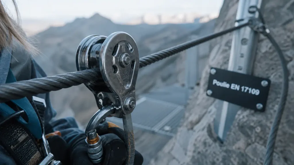 Poulie de via ferrata : câble acier, norme EN 17109 et modèles à éviter