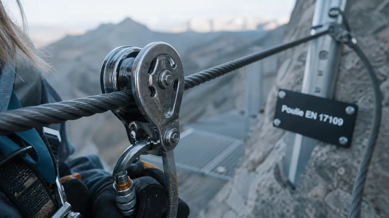 Poulie via ferrata EN 17109 sur câble acier