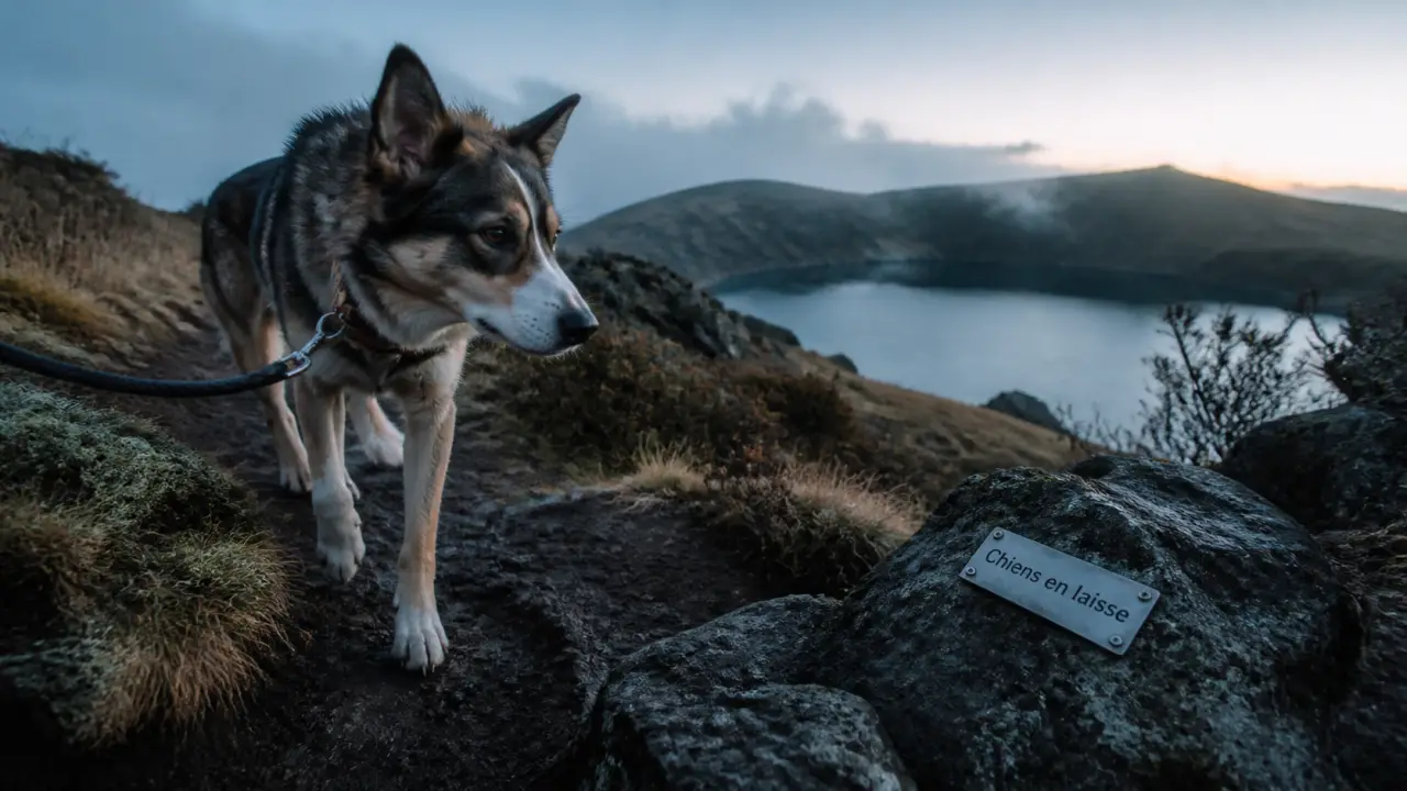 Randonnée Auvergne avec chien sur sentier volcanique, chien en laisse au lever du jour