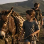 Randonnée en ane en Auvergne : famille à dos d’âne sur chemin.