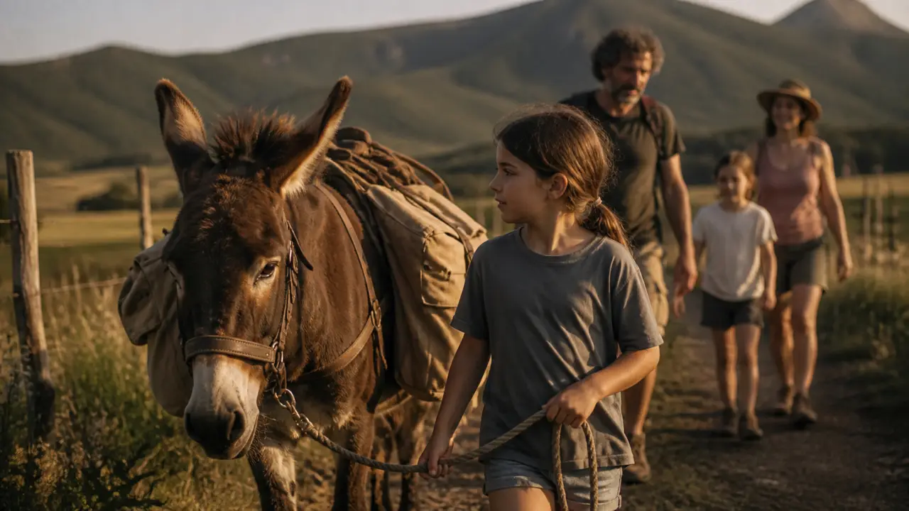 Randonnée en ane en Auvergne : famille à dos d’âne sur chemin.