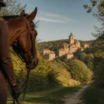Randonnée équestre périgord en vallée : cavalière et cheval près des châteaux