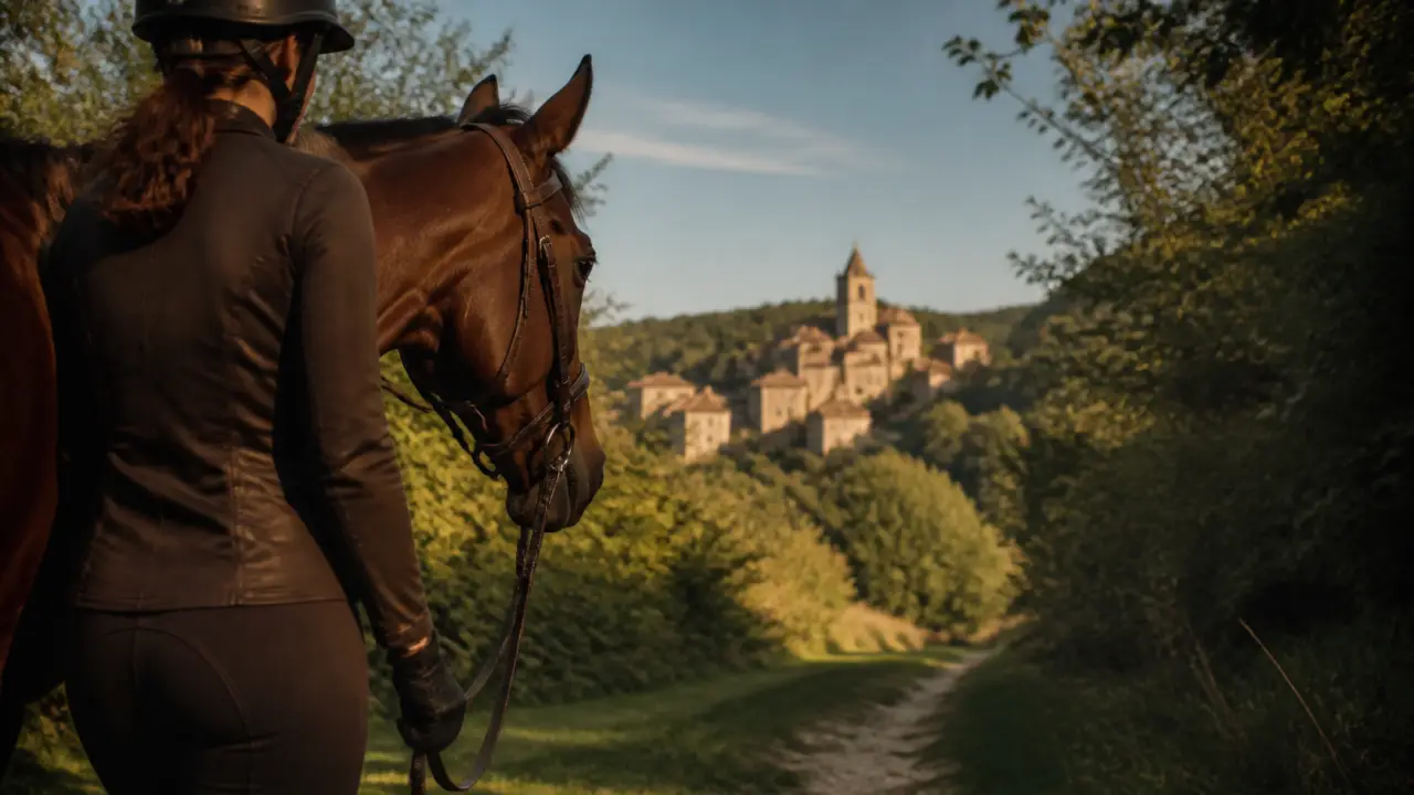 Randonnée équestre périgord en vallée : cavalière et cheval près des châteaux